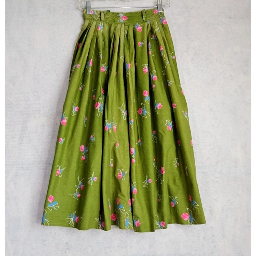 Vtg 50s Skirt 2 XS Full Midi Pleated Novelty Print‎ Floral Green Pink Roses True